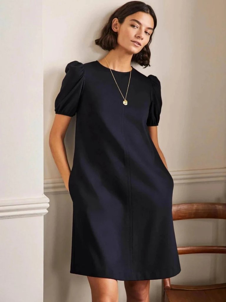 Nwt Boden Seam Detail Jersey Shift Dress Navy Puff Sleeve Pockets Us 6